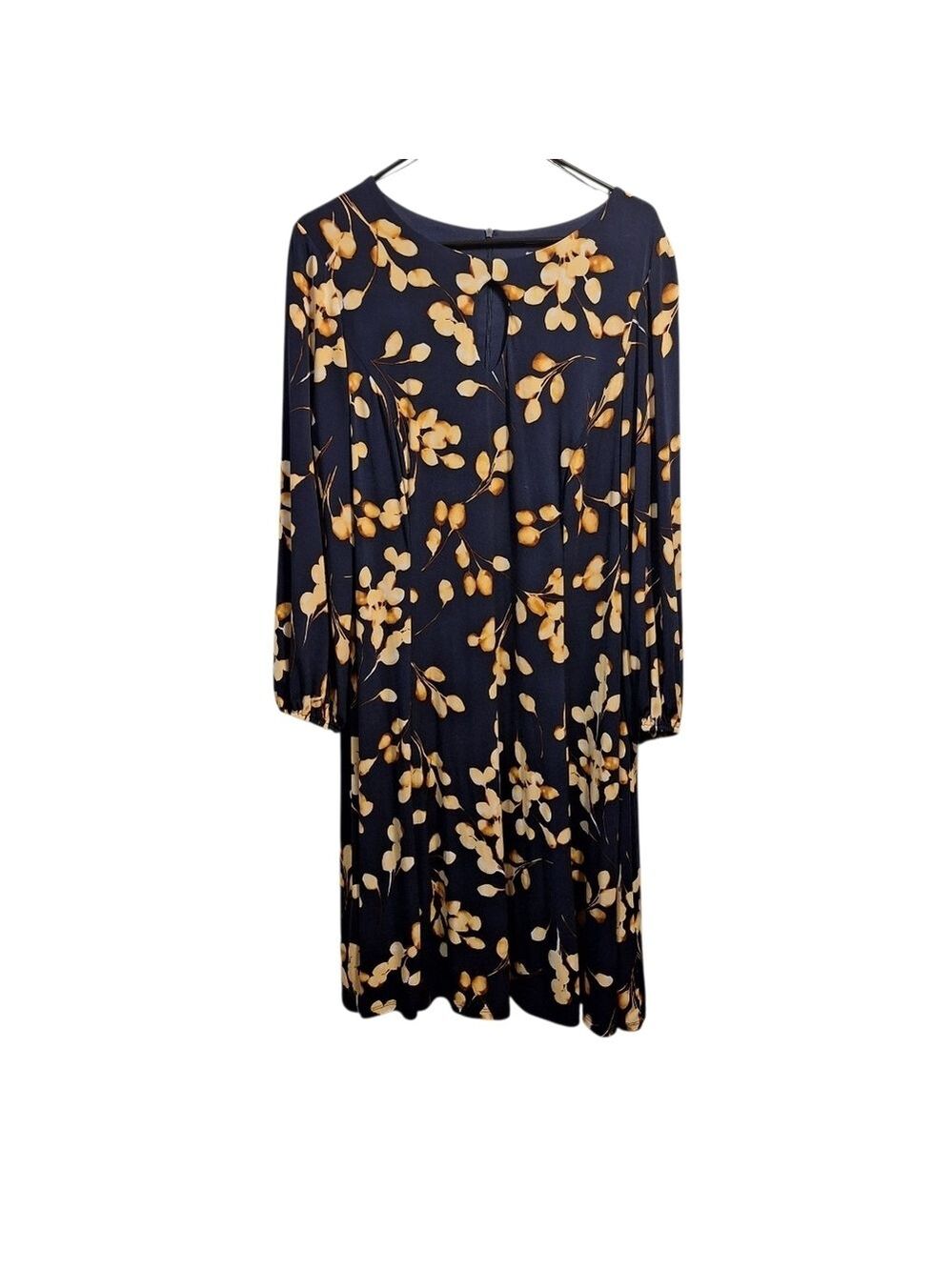 Sabrina Collective Navy Blue and Gold Leaf Floral Print Dress 1X
